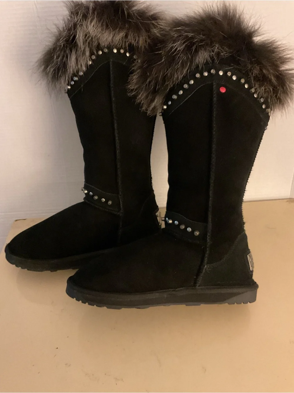 Australia collection women black suede fur stud tall boots US 8